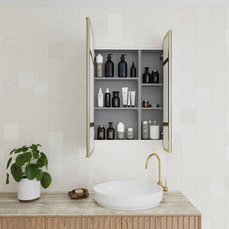 Recessed Frameless Dual Door Medicine Cabinet with Adjustable Shelves, Satin Brass