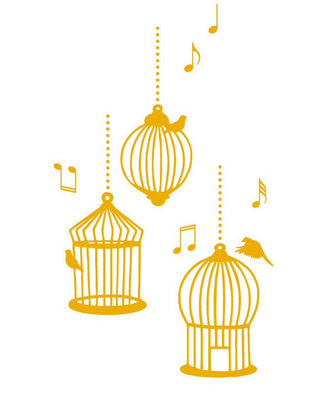 Décalcomanie murale cages d’oiseaux de chanson, H 56 po x l 33 po x P 0,01 po, Jaune signalisation