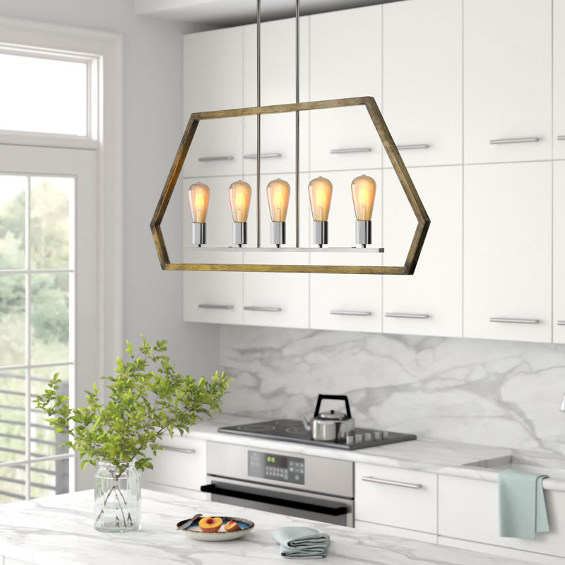 Luminaire suspendu linéaire à 5 lumières pour îlot de cuisine Blythdale, Bois brun / chrome