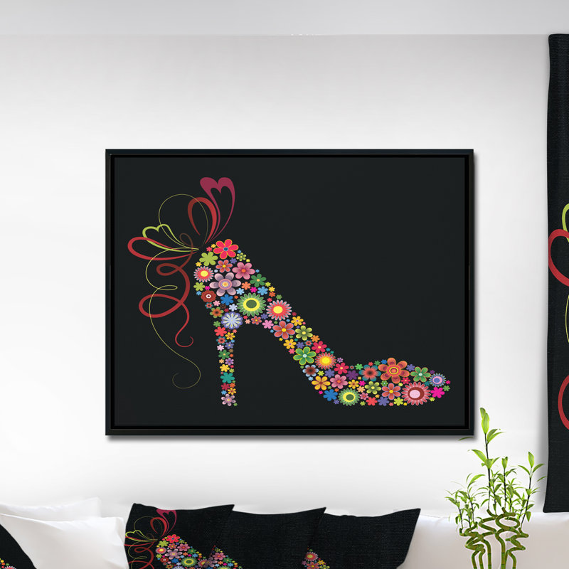 Chaussure colorée avec un arc - impression d'art graphique, H 30 po x l 40 po x P 1,5 po, Toile avec cadre flottant noir