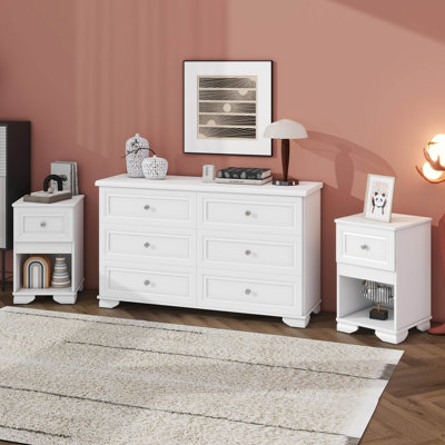 Ensemble de chambre à coucher 3 pièces, commode 6 tiroirs et deux tables de chevet avec poignées en métal, design élégant et style rétro