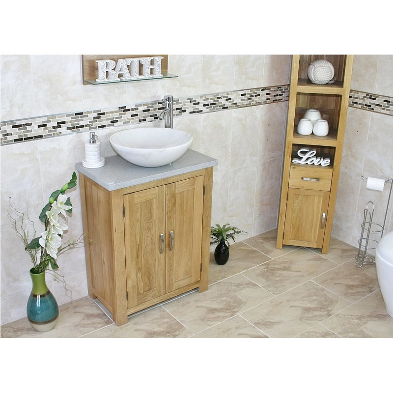 Cowen 650mm Single Bathroom Vanity with Vessel St1 Basin, White Marble, Grey, Light Wood