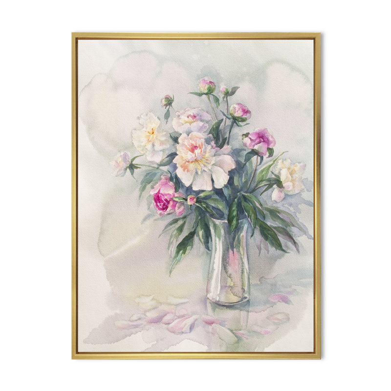 Bouquet abstrait de pivoines blanches II - reproduction d'art sur toile, H 12 po x l 8 po x P 1 po, Cadre flottant doré