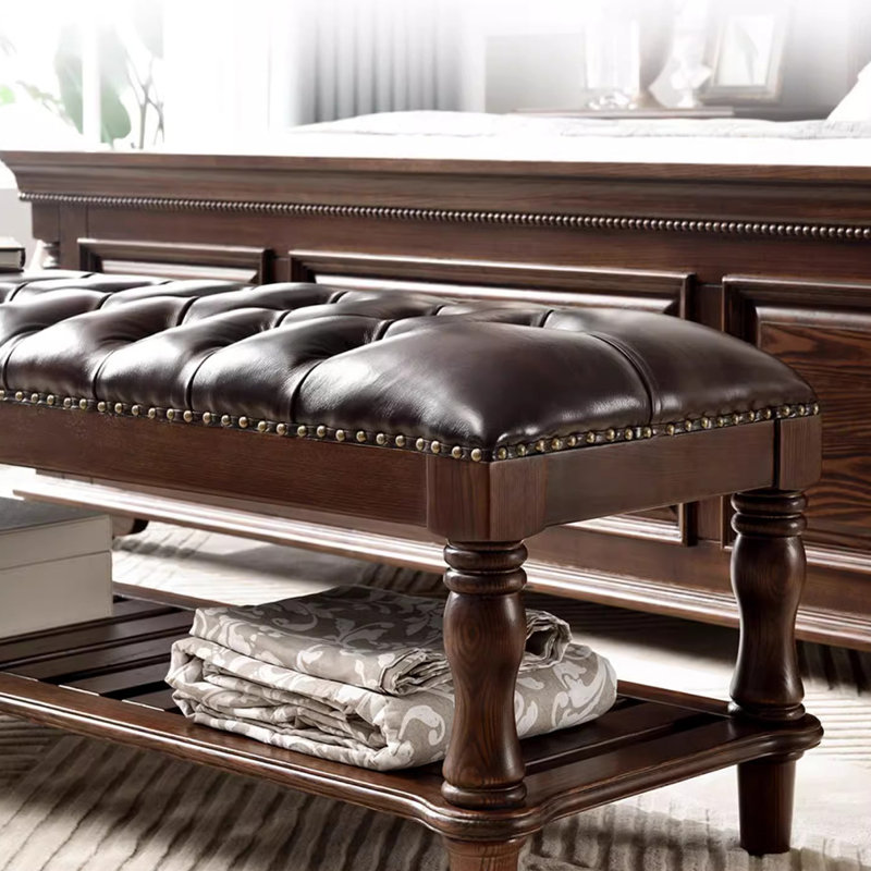 Modern Upholstered Wood Style Bedroom and Entryway Leather Long Bench