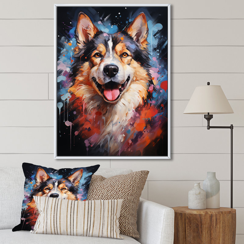 Chien Akita Aurora IV sur toile, H 44 po x l 34 po x P 1,5 po, Cadre flottant blanc