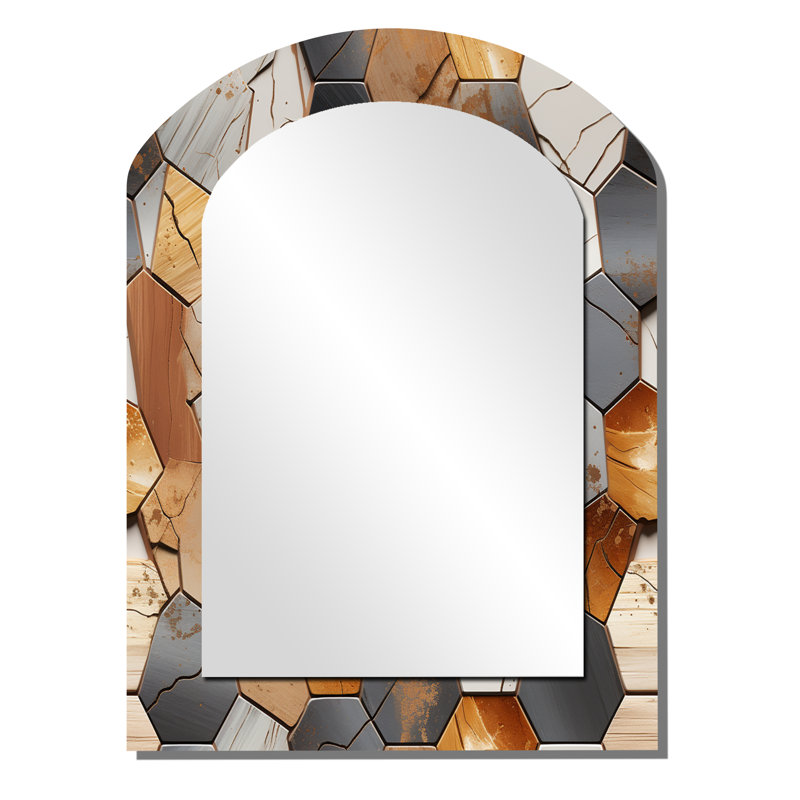 Predmore Rustic Hexagons Boho Pattern - Geometric Asymmetrical Unique Mirror, Brown Arch Large Wall Mirror, Printed Metal Art