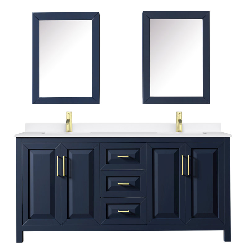 Meuble-lavabo double 72 po avec plateau en quartz et miroir Daria, Blanc, Chrome poli, Quartz Giotto