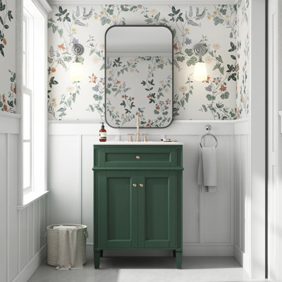 Meuble-lavabo de 24 pouces avec 2 portes et un tiroir, des caractéristiques de rangement bien pensées, une fabrication en bois massif, un lavabo en céramique facile à nettoyer, des solutions intelligentes de style français, des rails de tiroir coulissants et une fermeture en douceur