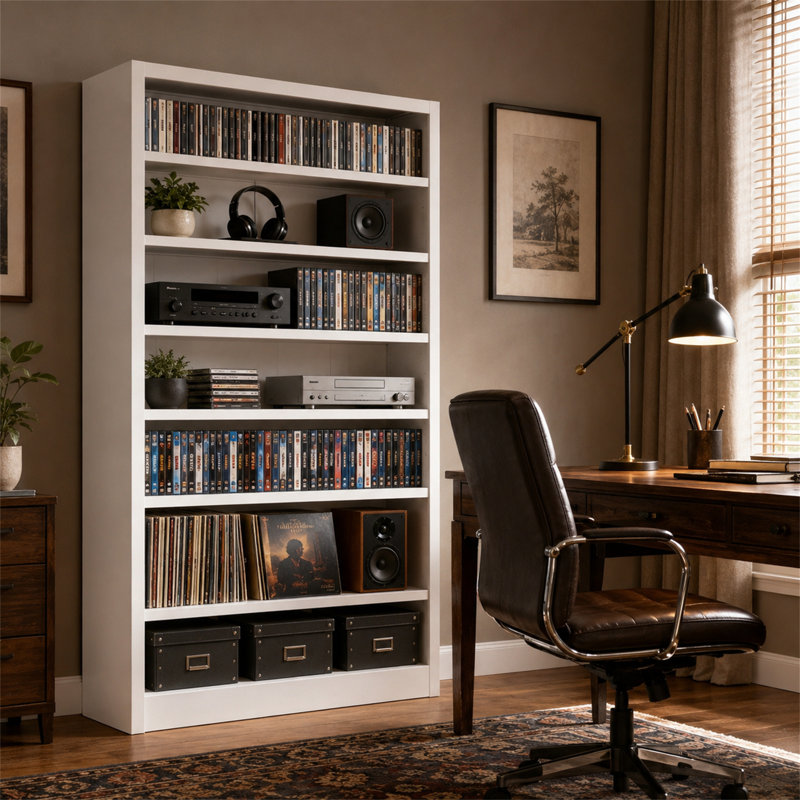 Metal DVD Storage Cabinet, 7-Tier Tall Media Shelf with Adjustable Shelves, Freestanding CD & DVD Rack Tower, White, White