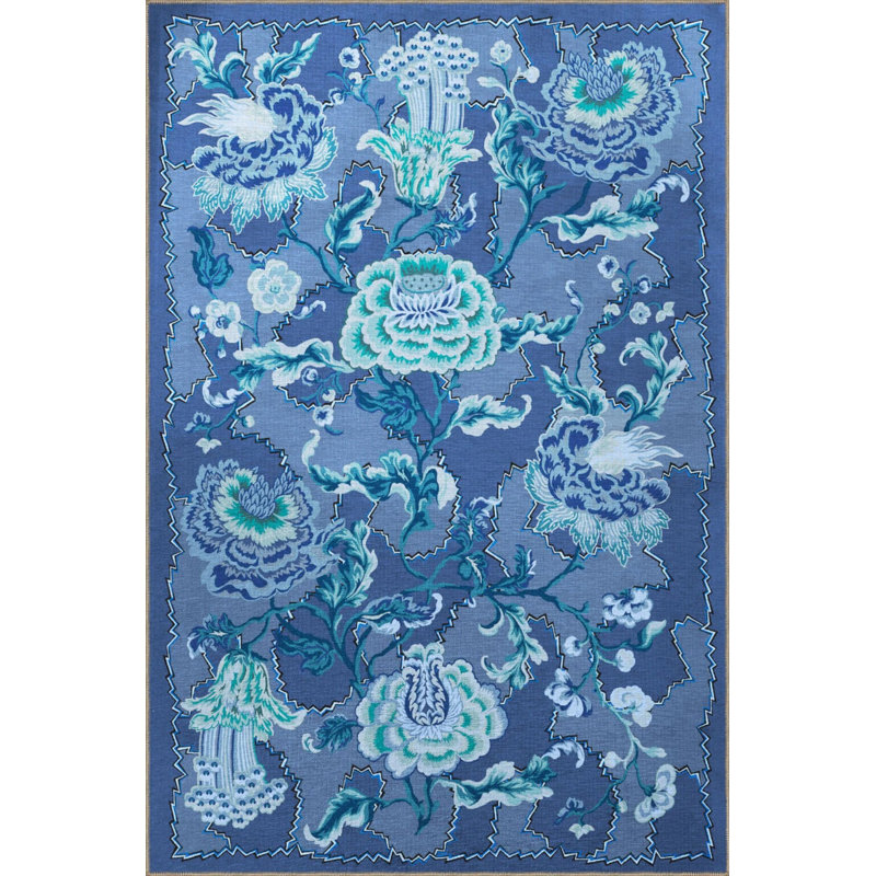 Blue Themed Abstract Floral Patterned Creative Modern Decorative Carpet, Rectangle 5' x 9'11"