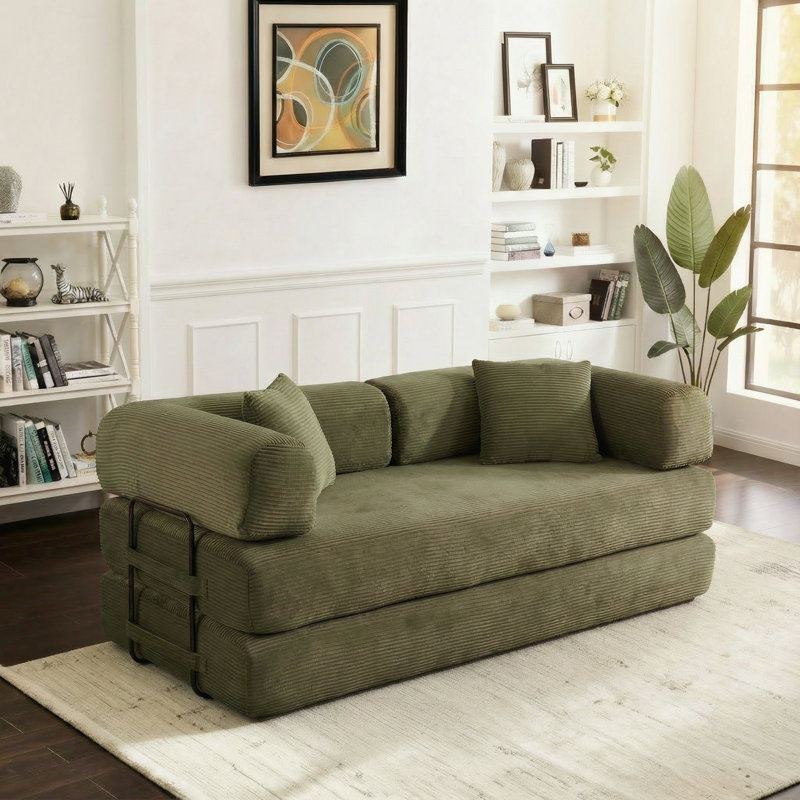 Boneless Sleeper Sofa Bed Convertible Compression Couch Bed Corduroy Floor Couch With 2 Pillows, Green