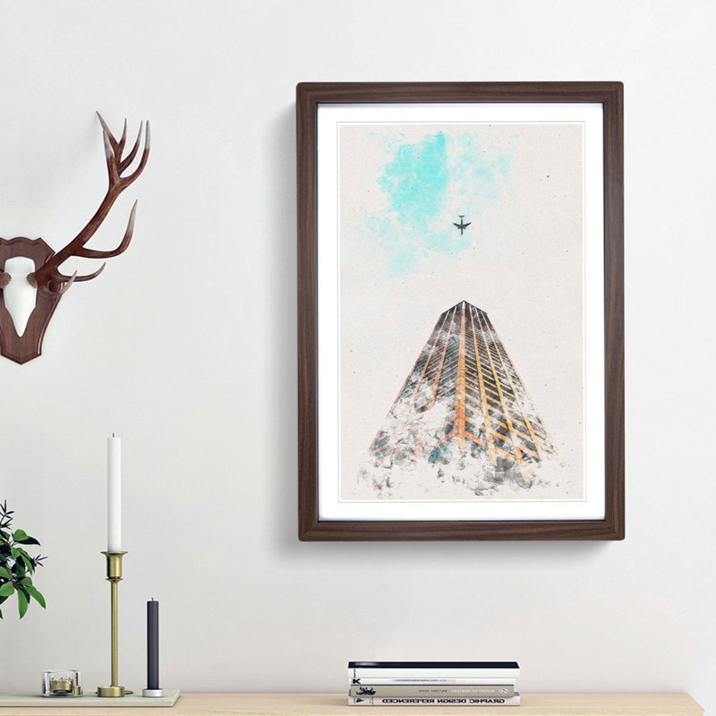 Airplane Flying Above Tokyo Watercolour - Picture Frame Graphic Art, 87cm H x 62cm W x 2cm D, Walnut Framed