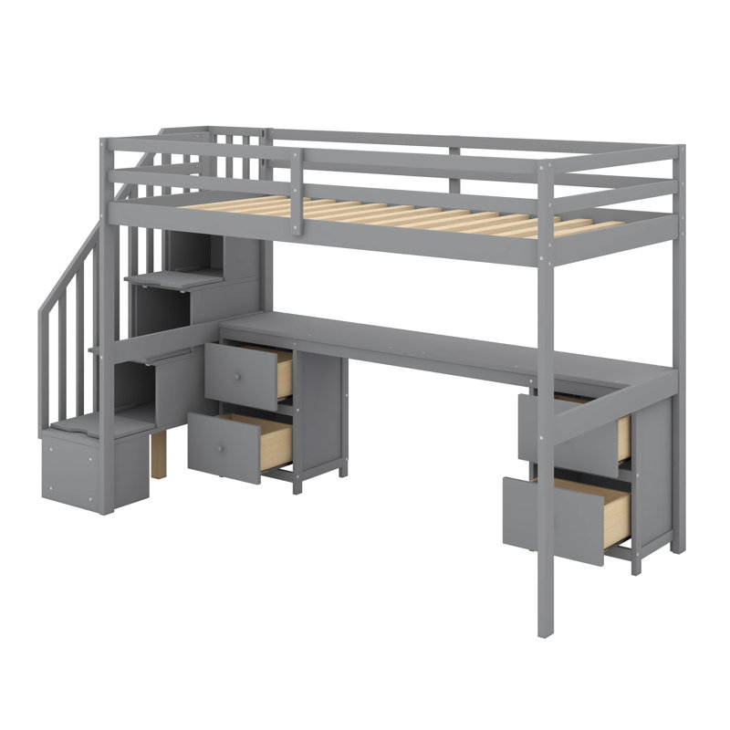 Twin Size Loft Bed Frame With Desk And Drawer, Gray