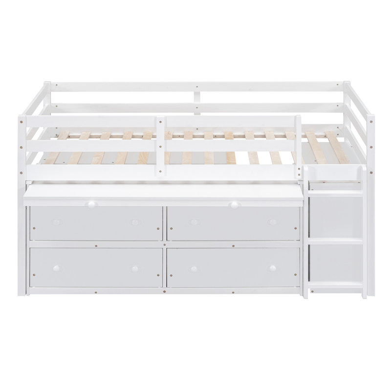 Loft Bed with Retractable Writing Desk and 4 Drawers, Wooden Loft Bed with Lateral Portable Desk and Shelves, Twin, White