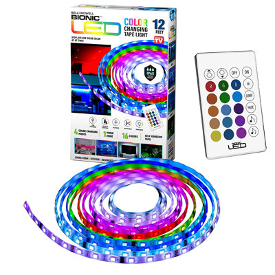 Bell+Howell Bionic LED Color Changing 12ft Tape Light with Remote Control, 16 Colors and 4 Modes