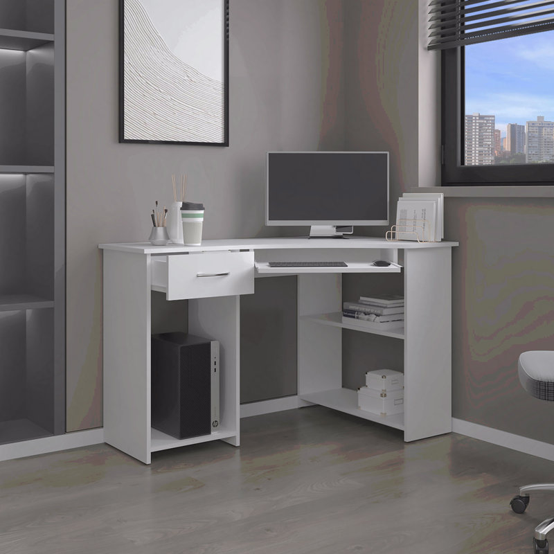 Bureau d'angle en forme de L blanc avec deux tablettes latérales peu encombrantes, Blanc