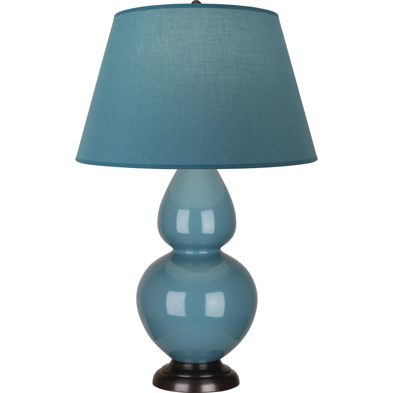 Lampe de table double gourde en céramique, Bleu acier émaillé / bronze, Bleu vif / gris, Bronze