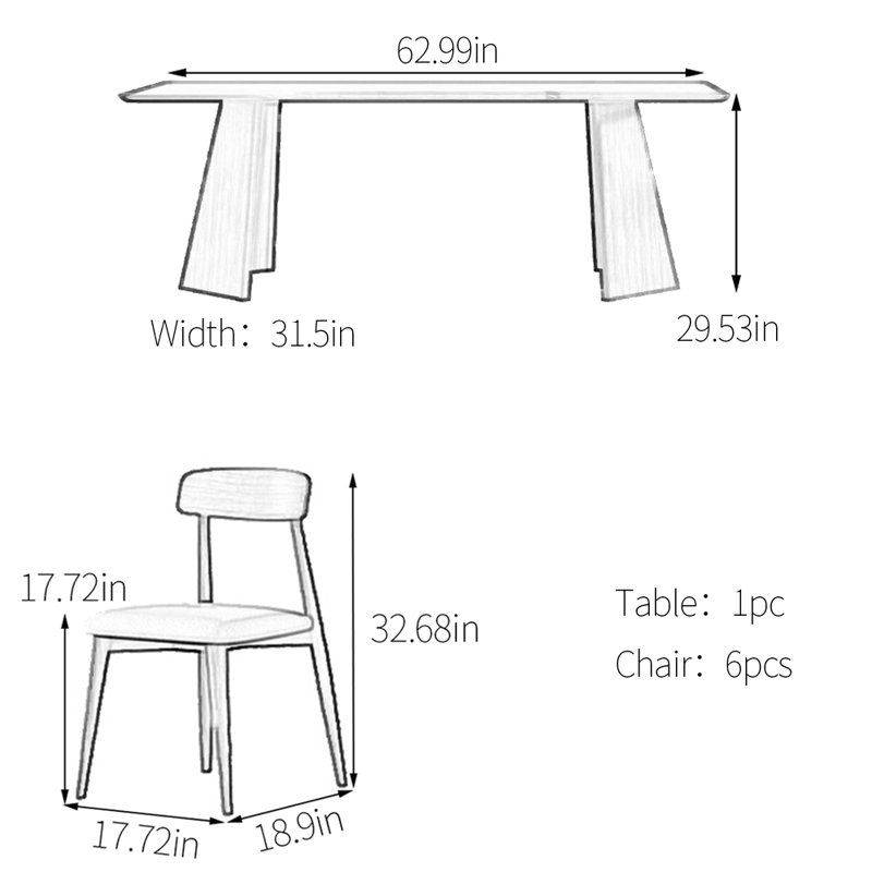 Ensemble de table de salle à manger en chêne fritté unique, H 29,53 po x L 62,99 po x l 31,5 po