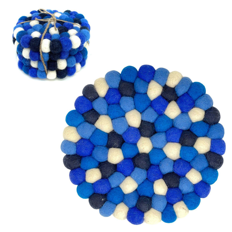 Ensemble de sous-pieds et sous-verres en feutre fabriqués à la main - 6 - 4, Bleu méditerranéen