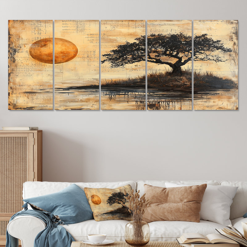 «Yellow Vintage Savannah African Tree» - ensemble de reproductions d'art mural arbre africain, H 28 po x l 60 po