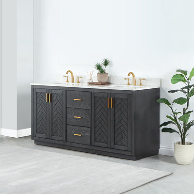 Gazsi 72" Double Bathroom Vanity Set With Grain White Engineered Stone Countertop Without Mirror