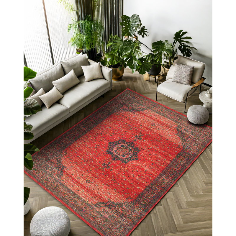 Tapis oriental rouge en polyester imprimé à la machine Susan, Rond 3 pi 4 po