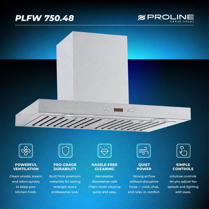 PROLINE 48-Inch Wall Range Hood, Ducted, 1100 CFM, Stainless Steel, LED Lights, ULTRA-QUIET Blower Motor, 6 Speed, 3-Year Warranty, Dishwasher-Safe Filters