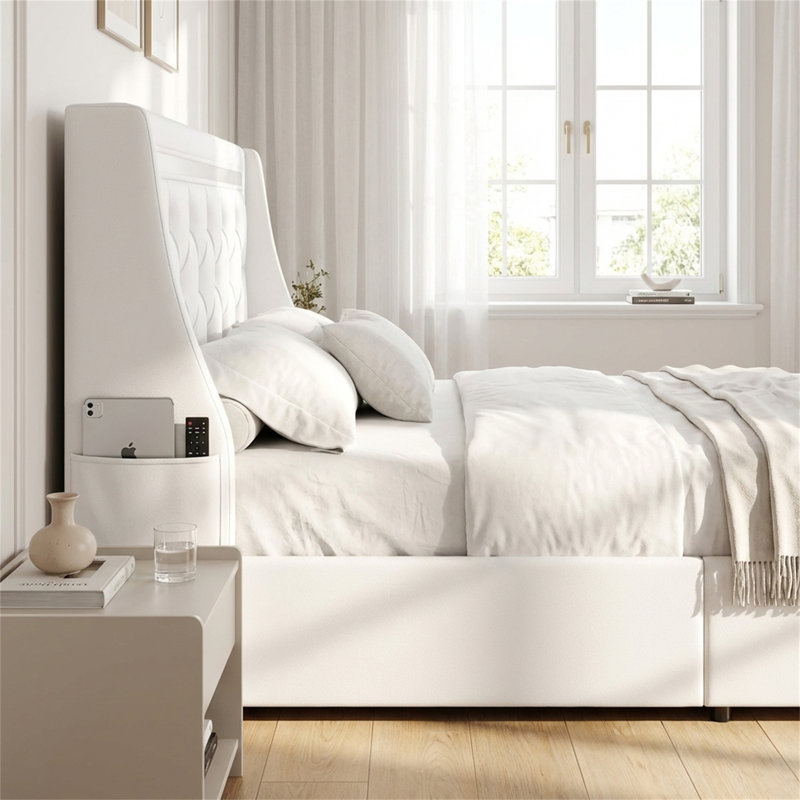 Base de lit à oreilles grand avec lumières DEL et station de charge, White