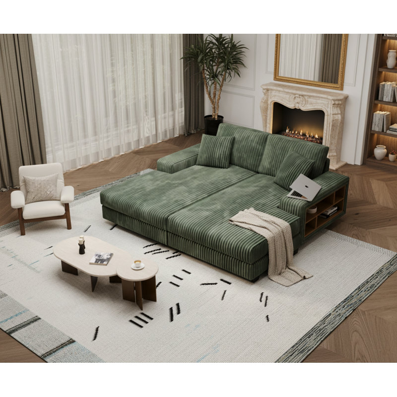 Modern Corduroy Convertible Combination Sofa Bed & Fluffy Oversized Lounge Chair Set, Extra Plush Double Sleeper Sectional for Contemporary Living Room