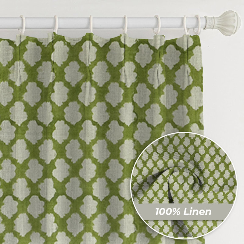 Fabdivine Elegant Green Pure Linen Handmade Floral Block Print Curtain  27x89 Inches, 100% Blackout Soft Boho Pleated Pinch Drapes for Window, Kitchen, Office or Patio, Badal