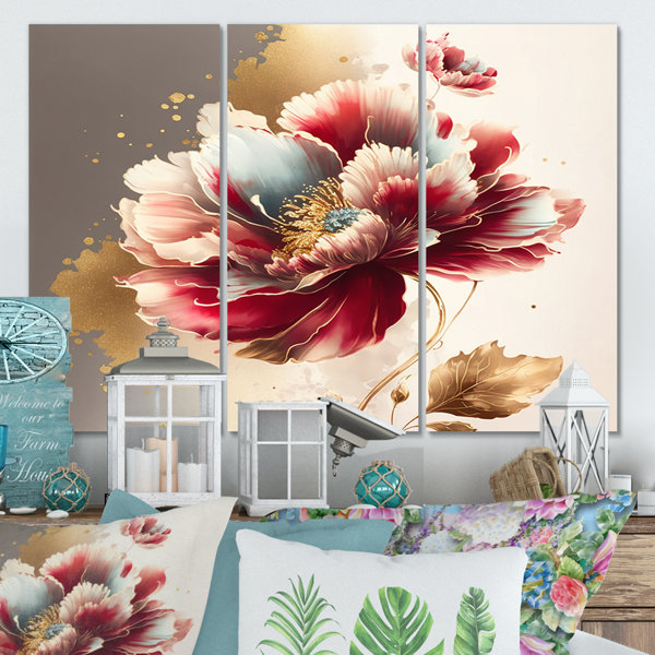 DesignArt Bold Red Floral Design II On Canvas 3 Pieces Print | Wayfair