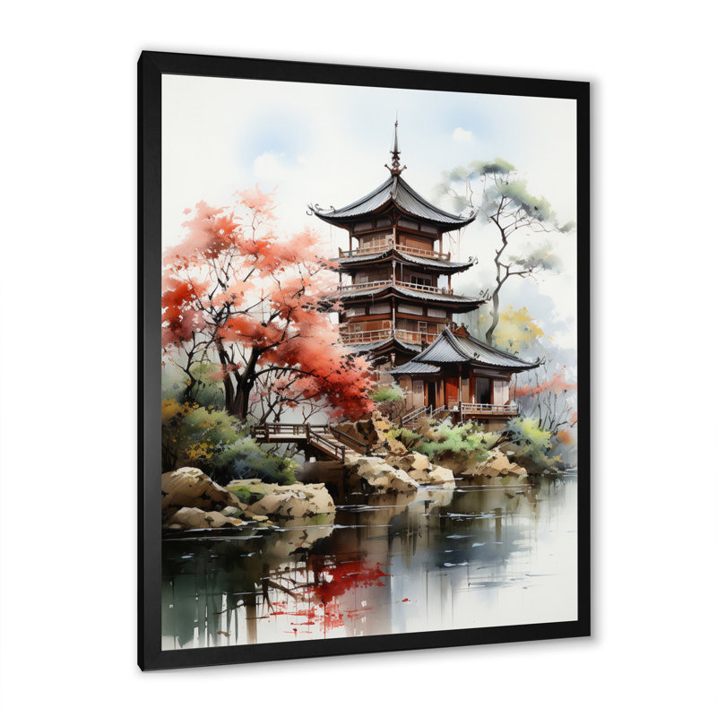 Tahshawn, art asiatique, pagode sereine IV - impression, Toile encadrée noire simple, H 40 po x l 30 po x P 1,5 po