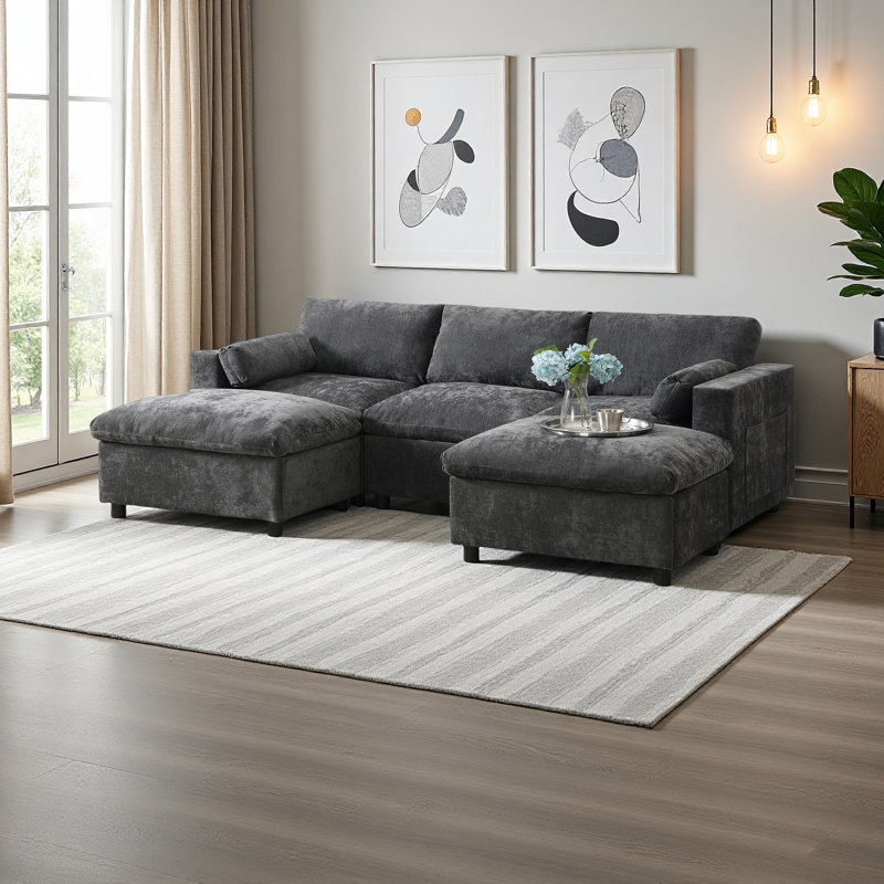 Canapé modulaire 86,5 po en chenille modulaire avec poches de rangement, ensemble de canapé en U à 5 places avec coussins, combinaison libre, canapé nuage moderne avec 2 repose-pieds mobiles pour le salon, appartement
