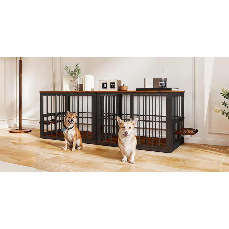 Cage pour chien polyvalente à deux chenils avec bols rotatifs, H 27,2 po x l 77,6 po x P 25,2 po, Grey