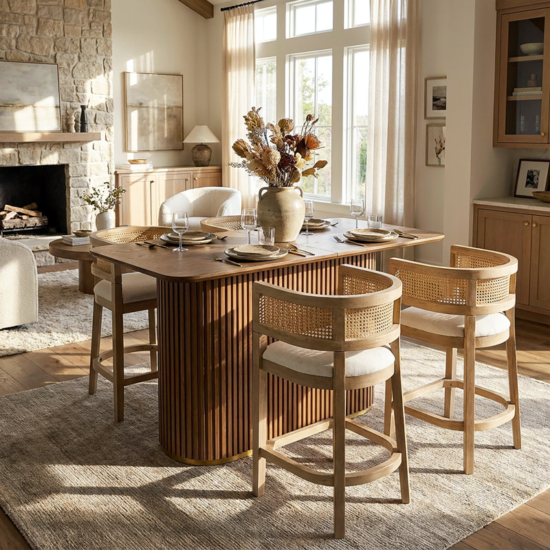 Kyra 5-Piece Mid-Century Modern Rubberwood Counter Bar Set With Upholstered Rattan Arm Stools, Light Ash, Beige/Light Ash