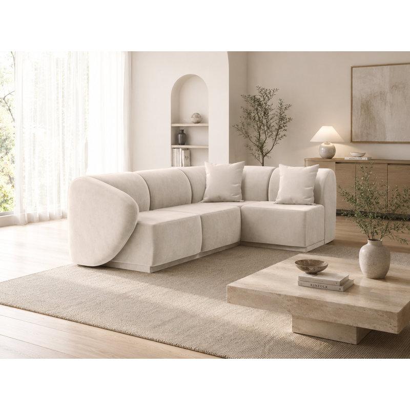 4 Seater Velvet Chaise End Sofa, Beige Velvet