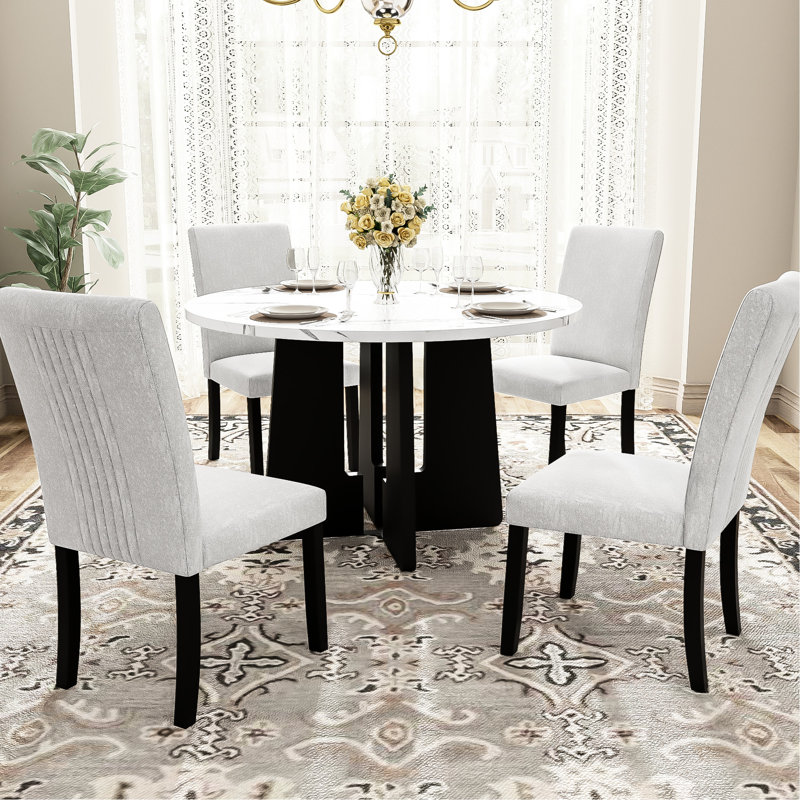43-inch Round Dining Table And 4 Upholstered Chair . Build. Comfortable Chairs For Dining. Fits Living, Kitchen, Areas. Easy Assembly Construction. Seating. For Leisure Time. Simple