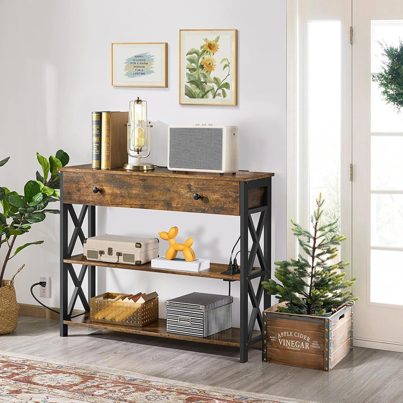 Console avec 2 prises et 2 ports USB, table d'entrée industrielle avec tiroir et tablettes de rangement