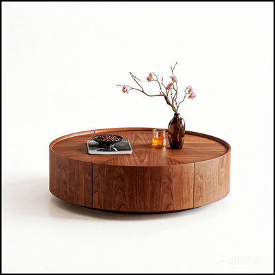 Table basse ronde en noyer de 90 cm de diamètre, idéale pour les salons, les chambres et les bureaux, design polyvalent et élégant.