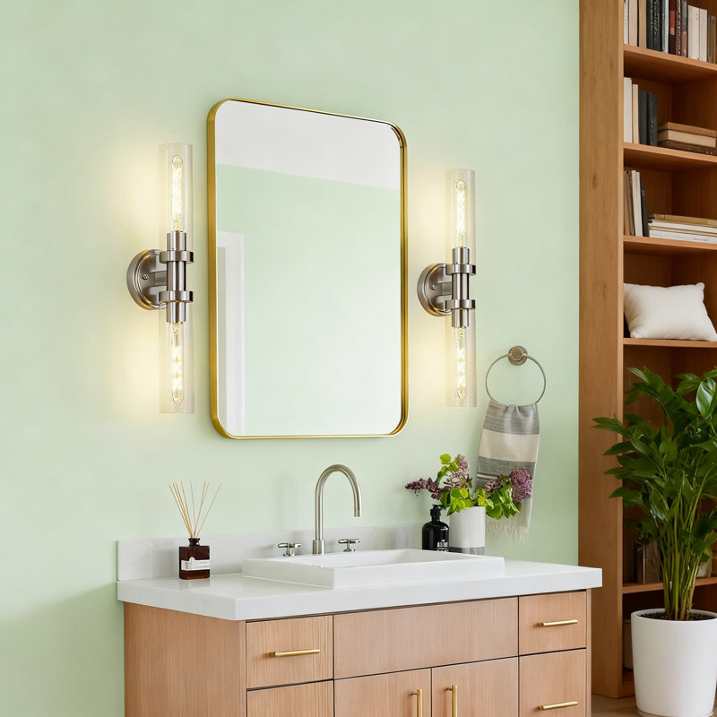 Modern Brushed Nickel 2-Light Bathroom Vanity Fixture With Clear Glass Shade, Adjustable Wall Mount Sconce For Mirror, Hallway, And Kitchen Lighting