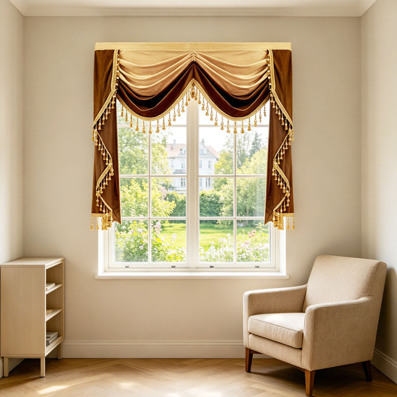  European Retro Velvet Swag Valance with Beaded Tassels, Magic Tape Install, 1-Panel, 18" H x 52" W