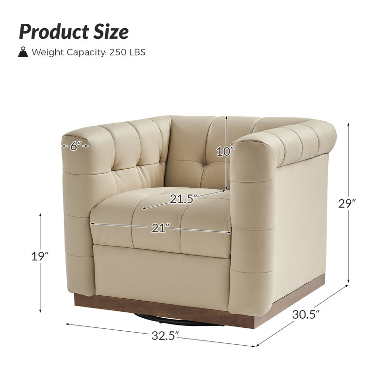 Fauteuil club pivotant carré en cuir véritable l 32,5 po Sonika, Beige