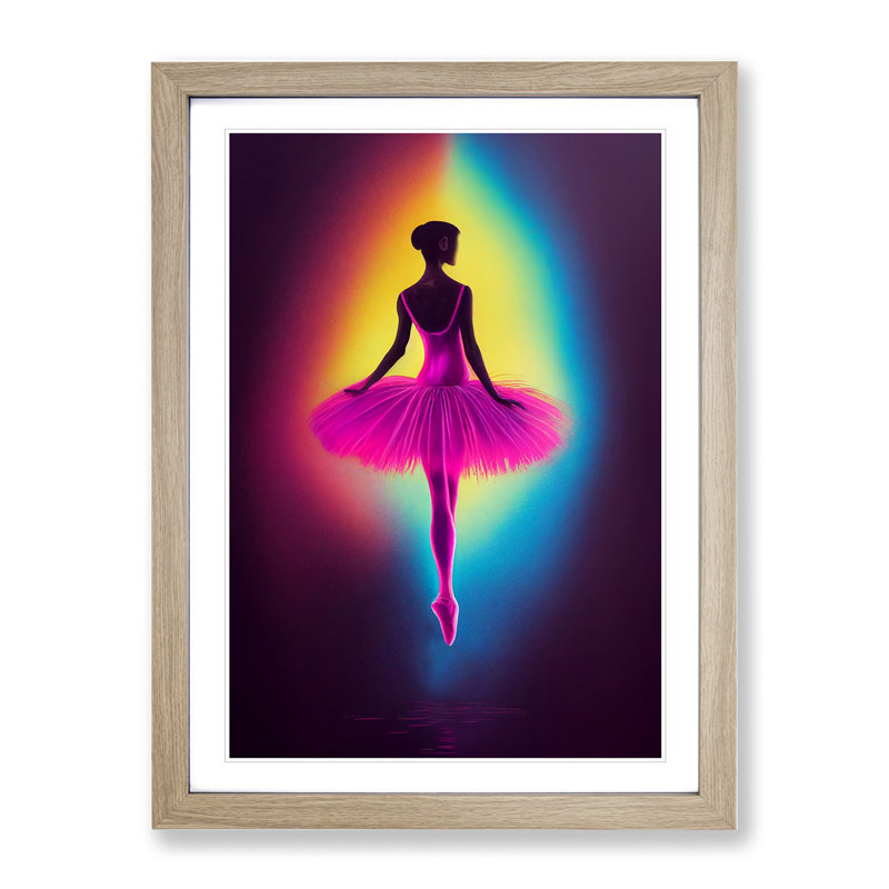 Neon Ballerina - Wall Art, 46cm H x 34cm W x 2cm D, Oak Framed