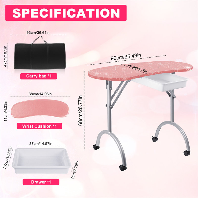 Table de manucure portable avec roulettes et tiroir