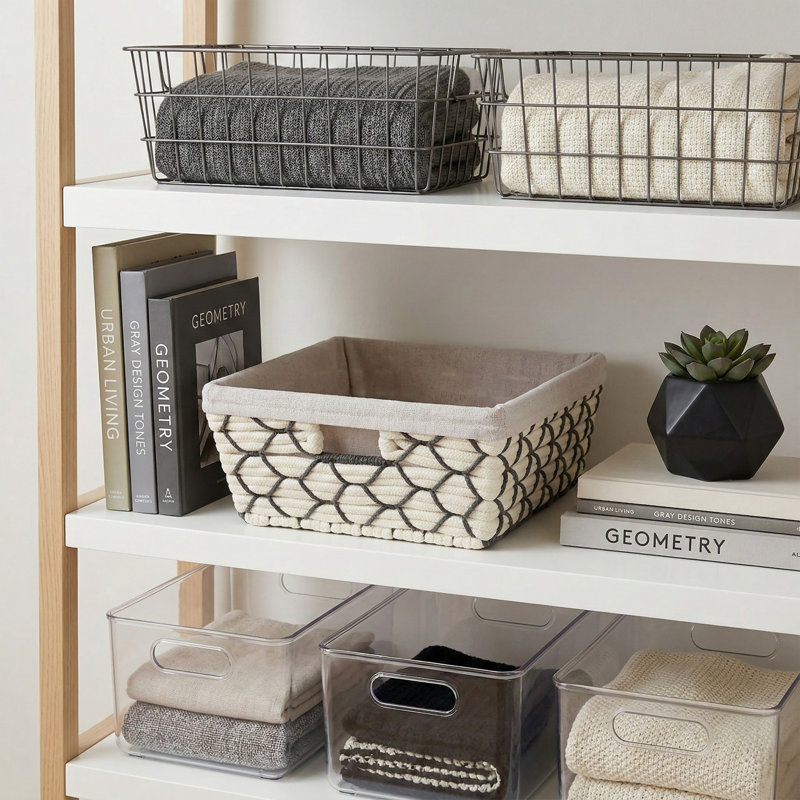  Large Shelf Woven Tote In White, 4.92" H x 12.99" W x 14.96" D