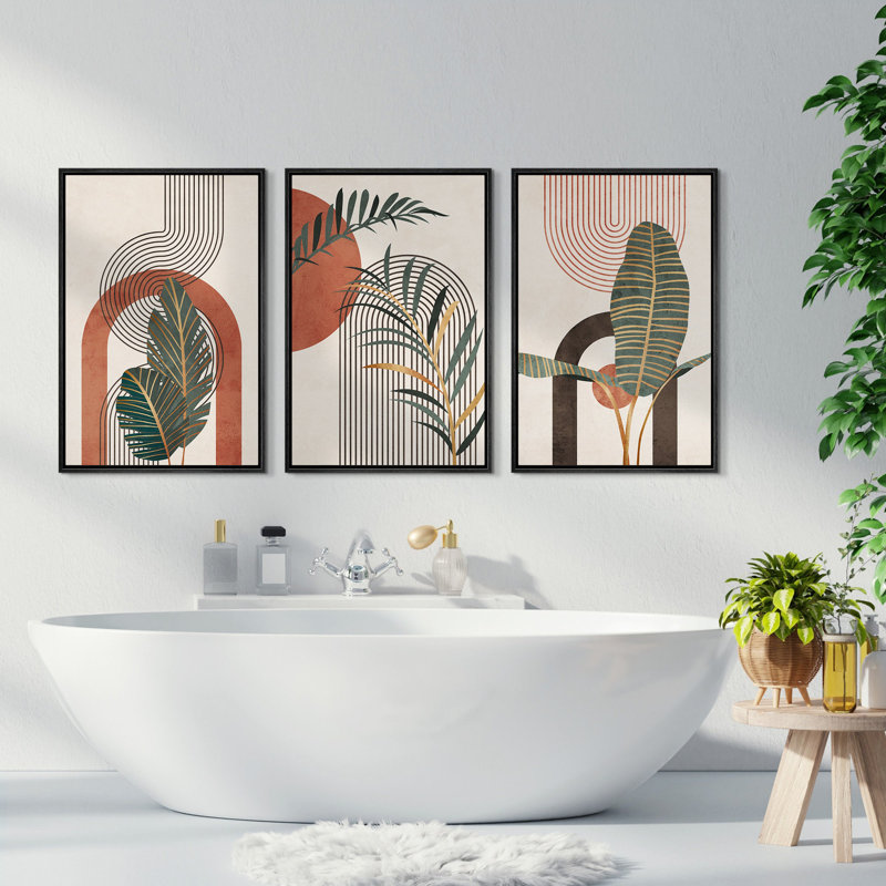 «Tropical Jungle Leaf», abstrait géométrique Mid-Century, Boho moderne, impression sur toile encadrée, Cadre flottant noir