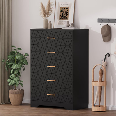 Modern Tall 5‑Drawer Black Dresser for Bedroom, Engineered‑Wood Storage Chest with Gold Handles, Narrow Cabinet Organizer for Living Room, Hallway