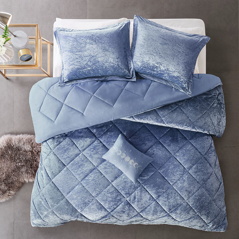 Édredon en velours simple / simple TG - Pervenche bleue écrasée avec bourre, édredon, 2 taies décoratives, 1 coussin décoratif, literie confortable lavable à la machine dans une taie décorative diamant