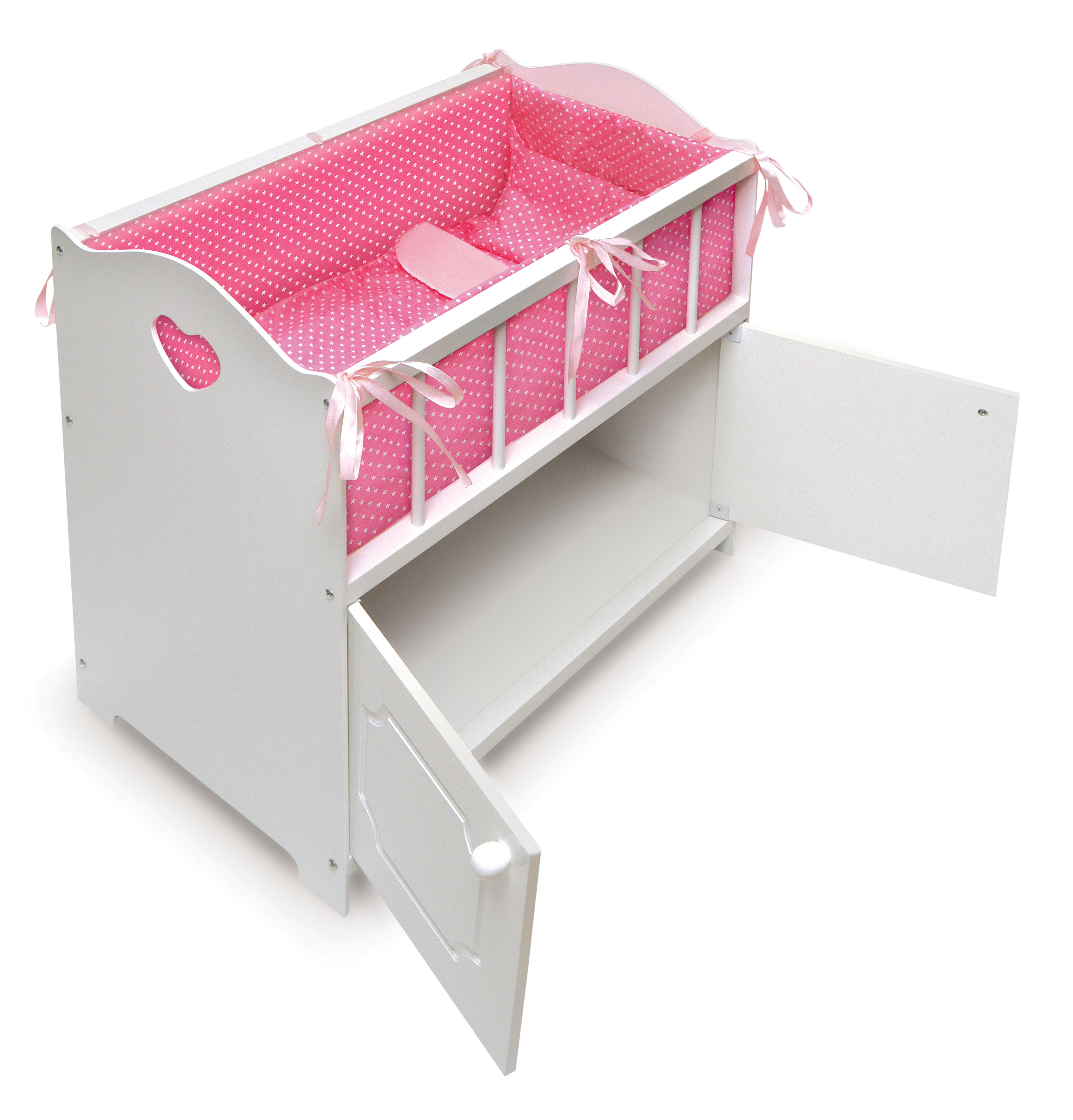 White Baby Doll Crib Accessory For Dolls Up To 20 Featuring A Padded Liner  With Pillow Set & 2 Removable Baskets That Provide Plenty Of Storage