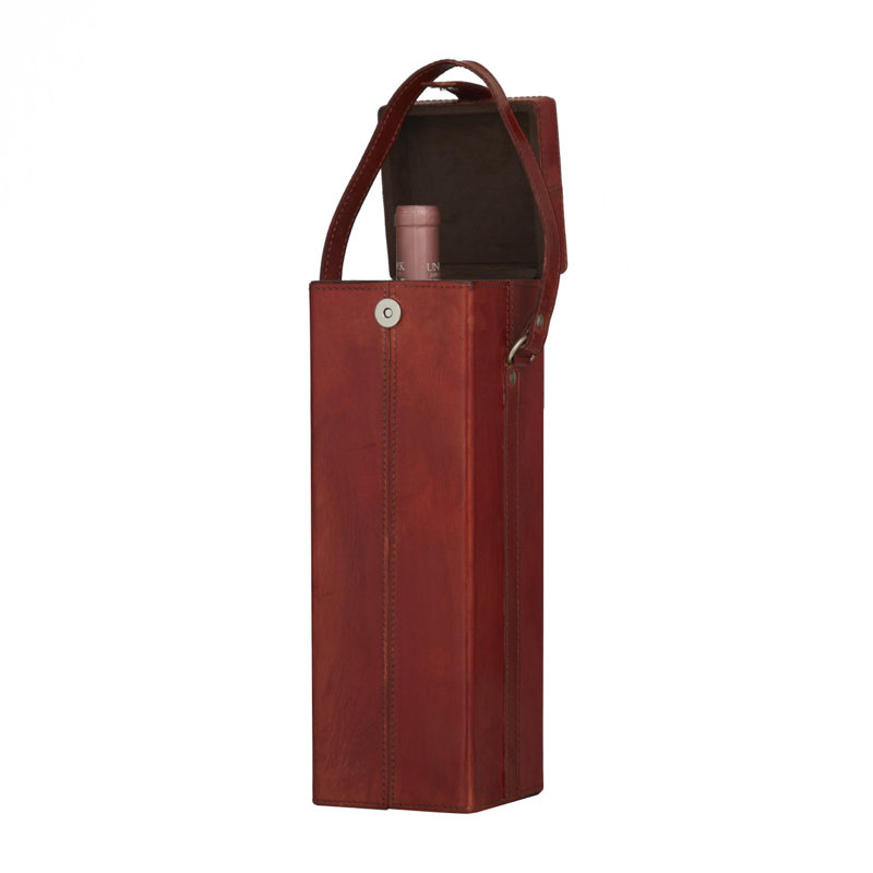 Porte-bouteilles en cuir fait à la main avec poignée, Rouge, H 14,5 po x l 4,6 po x P 4,6 po